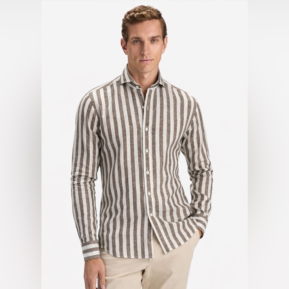 Skagen Men's Casual Striped Button Down Shirt - Brown and White-NWT - Picture 1 of 8